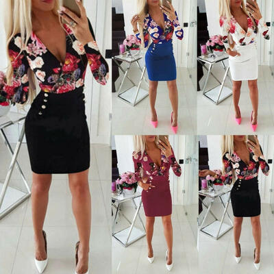 

Deep V Neck Dress Women&39s Sexy Floral Long Sleeve Bodycon Dress Fashion Lady Flowers Patchwork Short Dress -XL