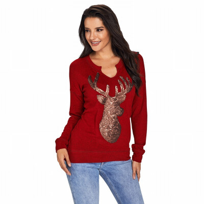 

V-neck long-sleeved reindeer pattern sequined shirt casual straight top