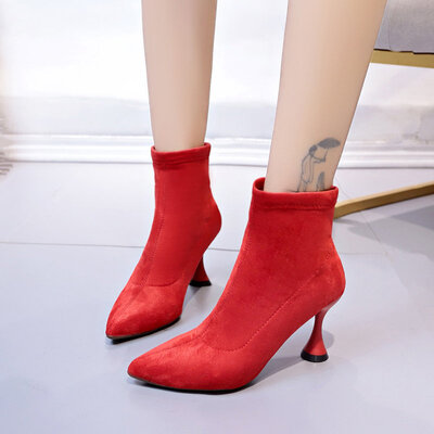 

Red socks boots womens high-heeled shoes pointed elastic boots in autumn&winter with thin knit thin boots short boots
