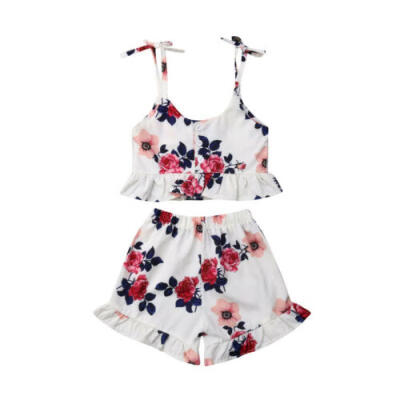 

US 2PCS Kid Baby Girl Ruffle Crop Tops Flower Pants Outfits Clothes Summer 0-3T
