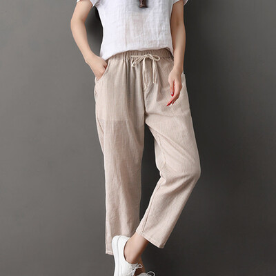 

Tailored Womens Ladies Casual Flax Stripe Wide Leg Cropped Trousers Nine Pants BKL