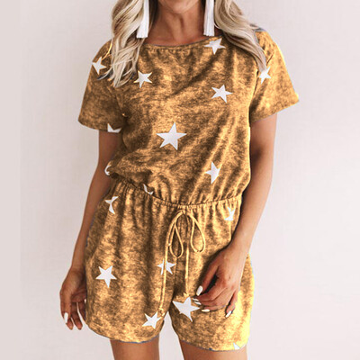 

Starmoon Women Fashion Casual Stars Print Short Sleeve Ladies O-Neck Short Jumpsuits