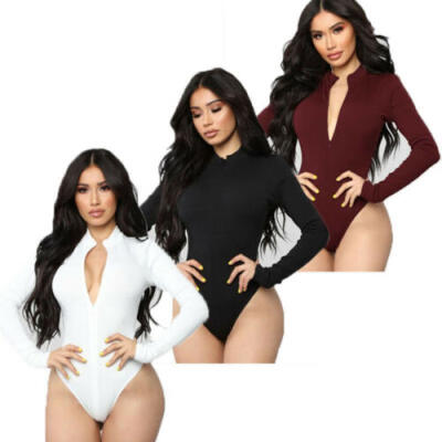 

US Women Long Sleeve V Neck Casual Jumpsuit Stretch Leotard Bodysuit Tops Blouse