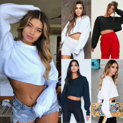 

USA Womens Casual Long Sleeve Sweatshirt Jumper Sweater Crop Top Pullover Coat