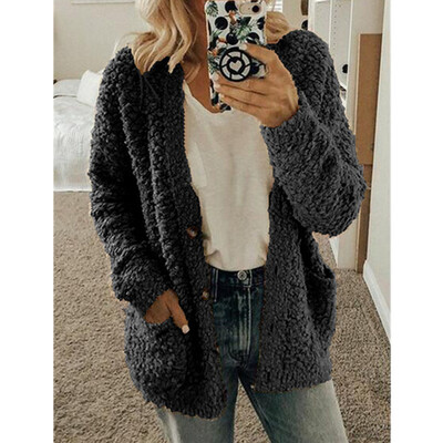 

Long Sleeve Solid Color Plush Cardigan Sweater Tops Button Up Outwear Coat