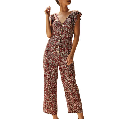 

Original Summer Floral Jumpsuit V-neck Lotus Leaf Sleeve Single-breasted Jumpsuit Wide-leg Pants