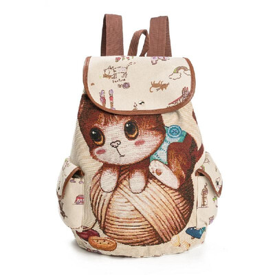 

Women Canvas Backpack Cartoon Cat Pattern School Bag Pockets Casual Vintage Bag Travel Ruchsack