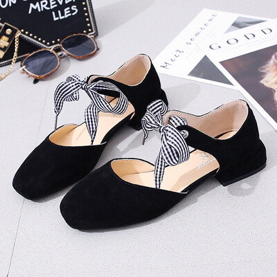 

Single shoe female spring style thick heel shallow mouth low heel velvet surface simple butterfly knot bag head hollow sandals