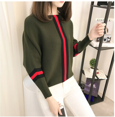 

2018 autumn&winter new Korean version vertical bar color stripe loose show thin sweater female bat sleeve knitted sweater