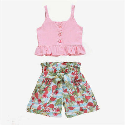 

UK Newborn Baby Kids Girl Ruffles Strap Tops Shirt Flamingo Shorts Pants Outfits