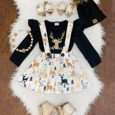 

US Toddler Kids Baby Girl Xmas Deer T-shirt Top Skirt Dress 3Pcs Outfits Clothes