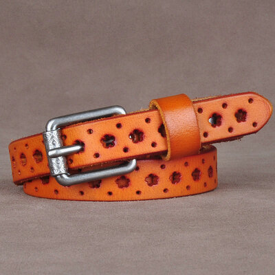 

Leather ladies belt hollow narrow fashion wild retro female thin belt head layer washed leather soft tide
