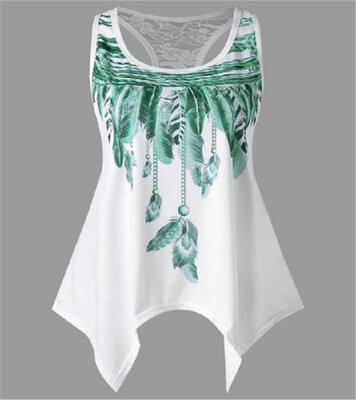 

New Women Sleeveless Feather Printed Vest Tank Top O Neck Asymmetrical Tee Shirt Plus Size Summer Blouse