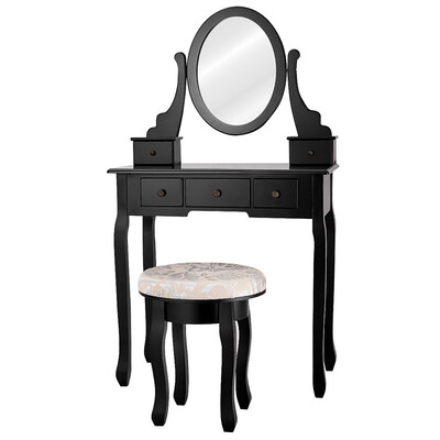 

Mirrored Vanity Table Set w Cushioned Stool & 5 Drawers