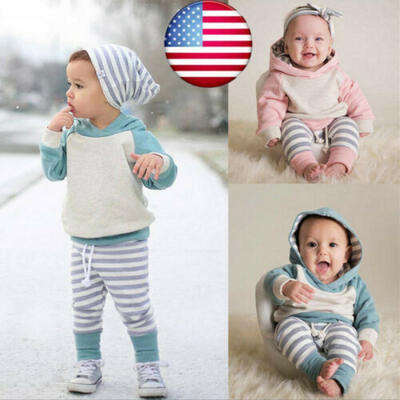 

3PCS Newborn Toddler Baby Girl Boy Outfits Stripe Clothes Hoodie TopsPants Set