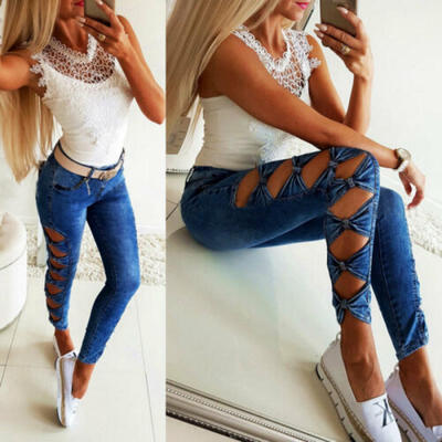 

Women Denim Slim Skinny Ripped Pants High Waist Stretch Jeans Pencil Trousers JU