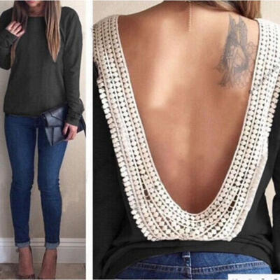 

Sexy Women Backless Tops T-Shirt Long Sleeve Casual Lace Open Back Blouse