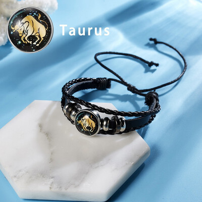 

12 Constellations Punk Leather Zodiac Sign Beads Bangle Bracelets For Women Men Jewelry Travel Bracelets Holiday Gift