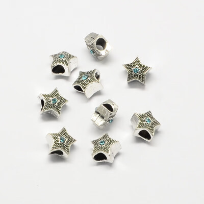

Alloy Rhinestone Star Large Hole European Beads Antique Silver Aquamarine 105x105x7mm Hole 5mm