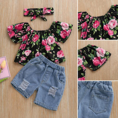 

Summer Toddler Kids Baby Girls Clothes Flower TopsShorts Headband Outfits Set