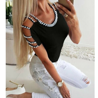 

Starmoon Womens Cold Shoulder Crew Neck T-shirt Tops Short Sleeve Loose Casual Blouse