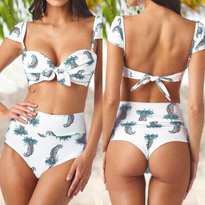 

Women Two Piece Bikini Set Leaves Leopard Print Triangle Push Up Knotted High Waist Sexy Swimsuit