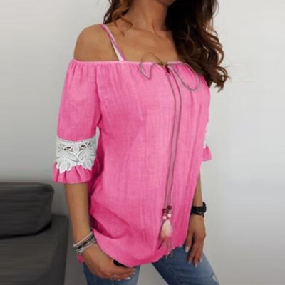

Starmoon Women Off Shoulder Lace Pure Color Plus Size Short Sleeve Blouse Easy Top Shirt