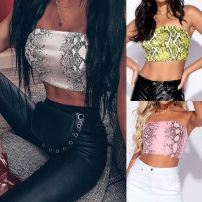 

Women Snake Print Elastic Tube Tops Bra Blouse Bandeau Strapless Crop Top Shirt