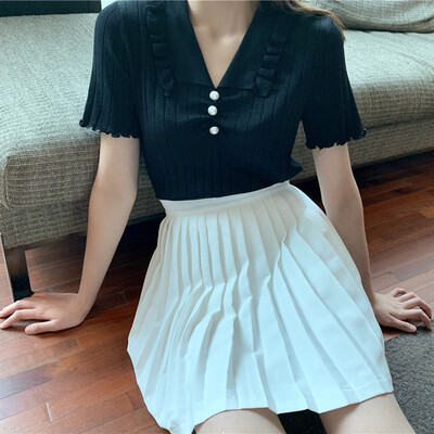 

Wooden ear versatile Slim doll collar female T-shirt beads decorative comfort wild shirt