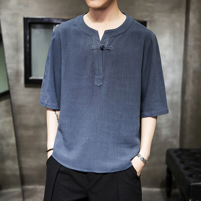 

Toponeto Mens Summer Vintage Pure Color Linen Patchwork Half Sleeve T-shirt Comfort Tops