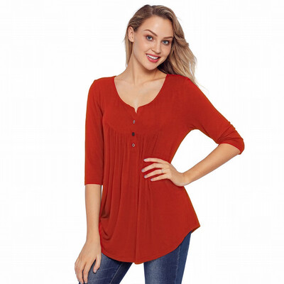 

Solid color V-neck button seven-point sleeve Slim womens T-shirt casual fashion shirt
