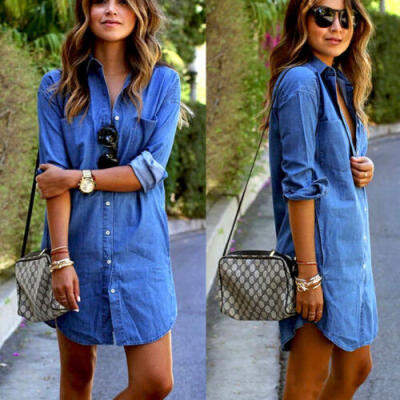 

Fashion Womens Denim Dress Summer Long Sleeve Casual Loose Tops Mini Shirt Dress