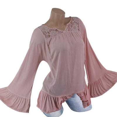 

Fashion Women Blouse Loose Lace Patchwork V-Neck T-shirt Ruffle Hem Tops