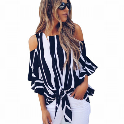 

Vertical striped shirt Womens color round neck cropped sleeves loose top