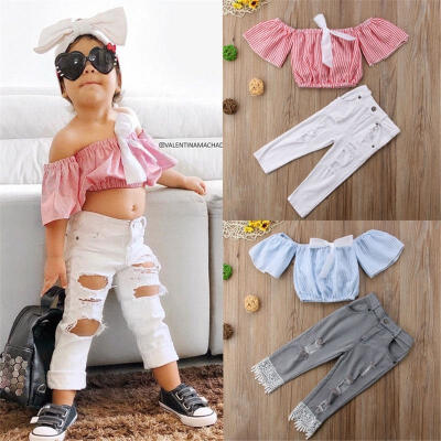 

Toddler Baby Girls Cute Summer Striped Off Shoulder Tops Shirts Ripped Holes Pants Outfit Set Clothes