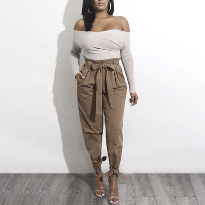 

HOT Womens High Waist Tie Belt Trousers Long Pants Ruffles Office Casual Bottoms