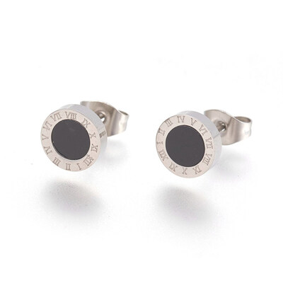 

304 Stainless Steel Stud Earrings with Resin Flat Round with Roman numerals Stainless Steel Color 8x2mm Pin 06mm