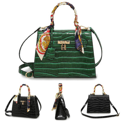 

Europe Fashion Women PU Handbag Crocodile Pattern Ribbon Handle Lock Tote Shoulder Messenger Bag BlackDark Green