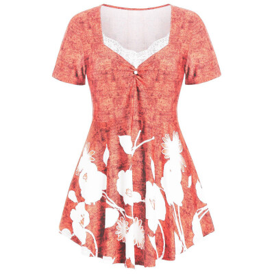 

Roseonmyhand Plus Size Fashion Women Floral Printed O-Neck Ruched Lace Short Sleeve Tops