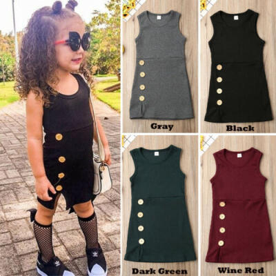 

US Toddler Kids Baby Girl Solid Plain Dress Sleeveless Casual Party Dresses