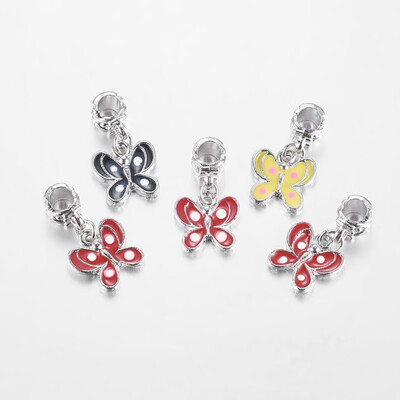 

Alloy European Dangle Beads Enamel Butterfly Platinum Metal Color Mixed Color Size about 14mm wide 26mm long hole 45mm