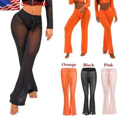 

Women Sexy Silk Flare Pants Wide-legged Trousers Bikini Cover Up Slim-fit Long