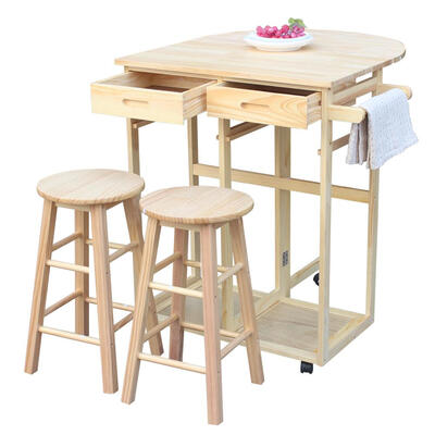 

Kitchen Cart Island Rolling Home Dining Wooden Trolley Storage w 2 Stools
