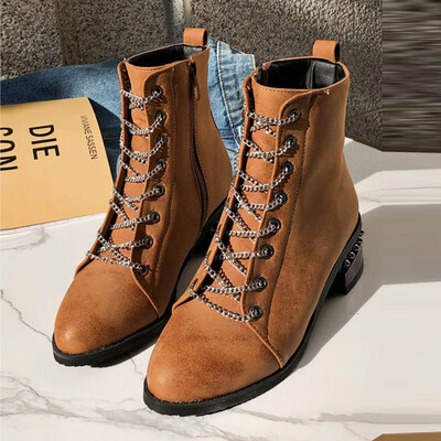 

Rose Fashion Pure Color Round Toe Lacing Boots Chunky Heels Vintage Women Boots
