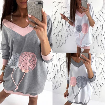 

Womens Casual Floral Sleeve V-Neck Loose Hoodie Dress Pullover Sweatshirt Tops