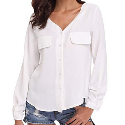 

Nomeni Women Casual Long Sleeve V-Neck Chiffon Button Shirt Blouse Tops