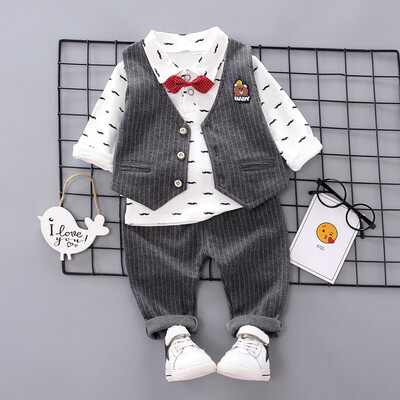 

Autumn Baby Boy Long Sleeve Floral Print T-shirt Striped Vest Trousers Casual Outfits