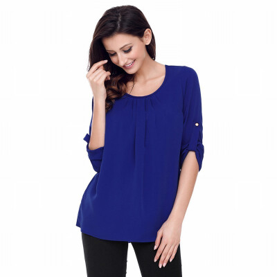 

Womens round neck long sleeve chiffon shirt solid color casual straight top