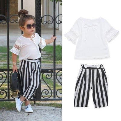 

Fashion Kids Baby Girl Lace T-shirt Tops Striped Pants 2PCs Outfits Sunsuit