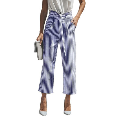

New Woman Self Belt Stripe Pants Loose Casual Trousers High Waist Wide Leg Pockets Pants Carrot Pants